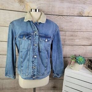 Old Navy Women's Blue Sherpa Lined Collar Button-up Denim Jacket Size Medium